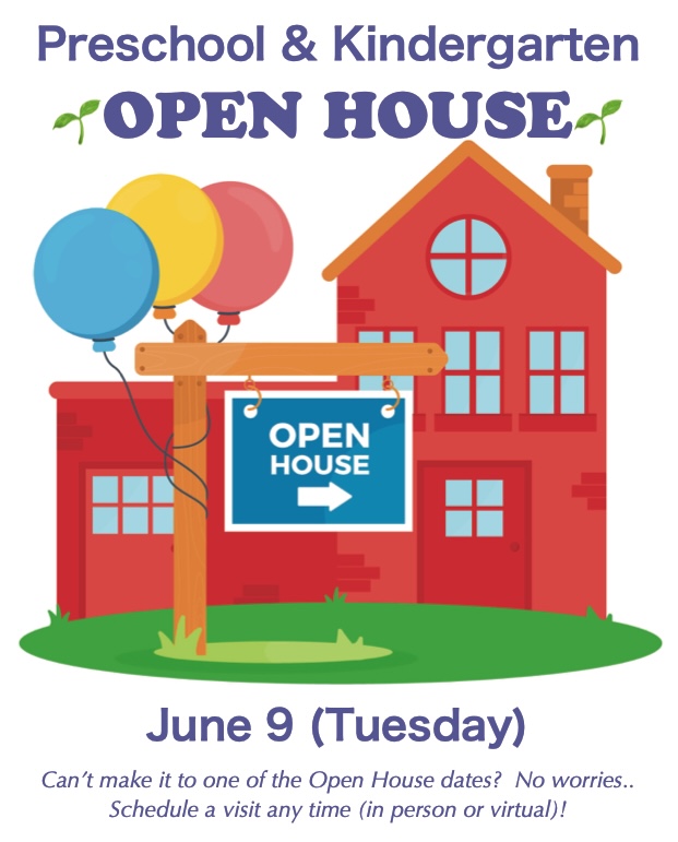 Discovery International School preschool and kindergarten open house announcement for Tuesday, June 9 featuring colorful balloons, a school building illustration, and information about scheduling in-person or virtual visits.